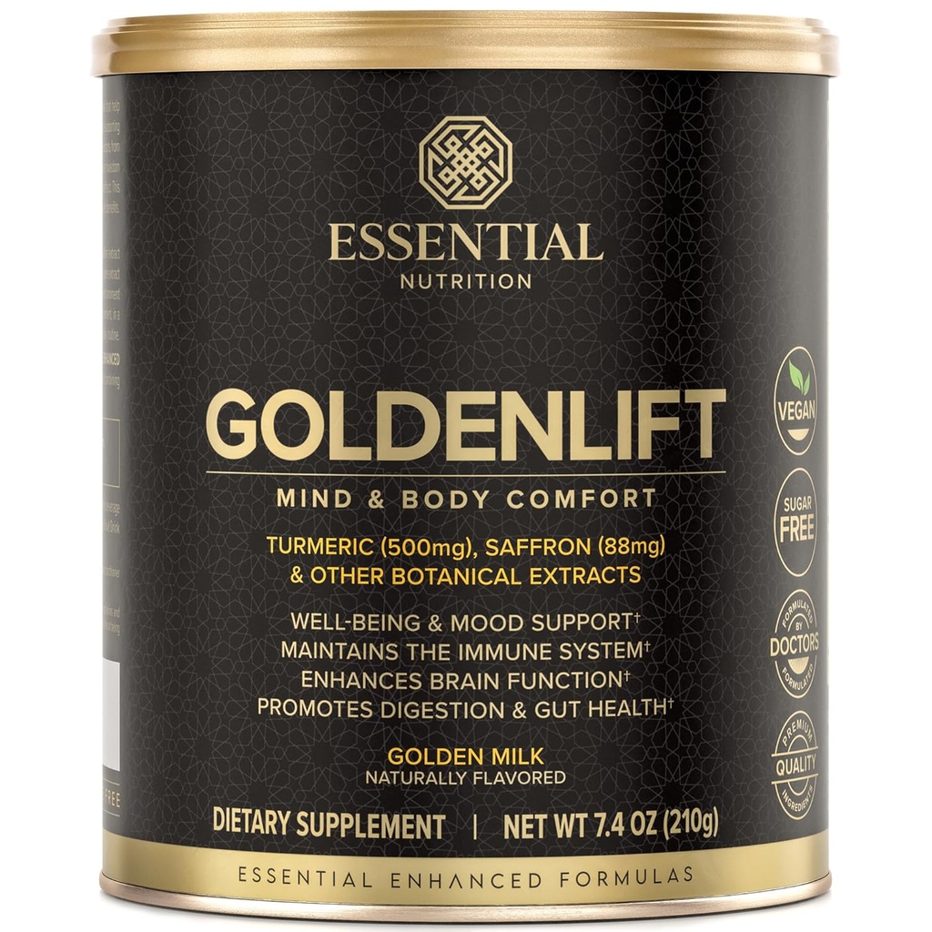 Esential Nutrition Golden Lift - Golden Milk Supplement - Wegan - Z Turmeric, Saffron, Cynamon, Cayenne & Black pieprz Znormalizowane ekstrakty - Umysł & Komfort ciała - 7.4 oz (30 Sług)