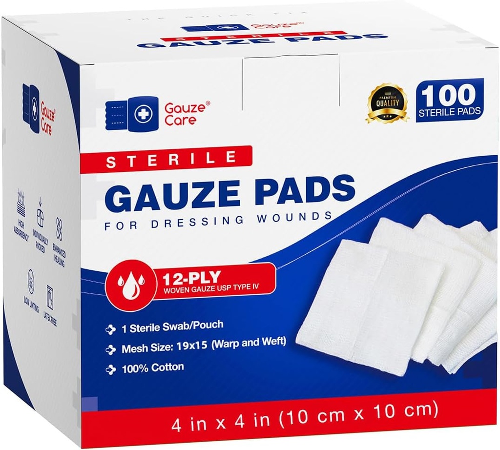 100pc Duży Sterylny Gauze Pads 4x4 Steryl for Bounds luzem - 12warstwowy Tkane Gauze Sponges 4x4 Steryl - USP IV Sterylny Mesh 4x4 Steryl Gauze Pads for Enhanced Absorption - First Aid Medical