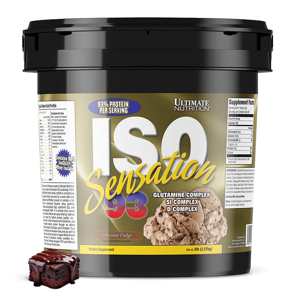 Ultimate Nutrition Iso Sensation 93 z glutaminą, Izolat białka serwatki proszek, 30 gramów białka, niskokaloryczne shakes białka, Keto Friendly, 5 funtów, Czekoladowy Fudge Flavored