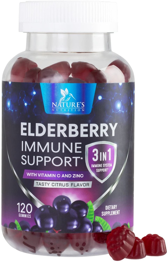 Gummy z jagodami z witaminą C, D3 i cynkiem - Gummy immunologiczne dla dzieci i dorosłych, ekstrakt z czarnego jagodu Gummy immunologicznego wsparcia zdrowia suplement, Witamina Black Elder Berry - 120 Gummies