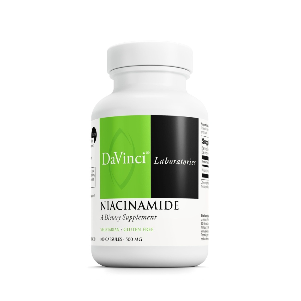 DaVinci Labs Niacynamid - Suplement diety z witaminą B3 do wspomagania cyrkulacji i zdrowej skóry * - Z 500 mg Niacynamid na serwowanie - Bez glutenu - 100 Kapsułki wegetariańskie