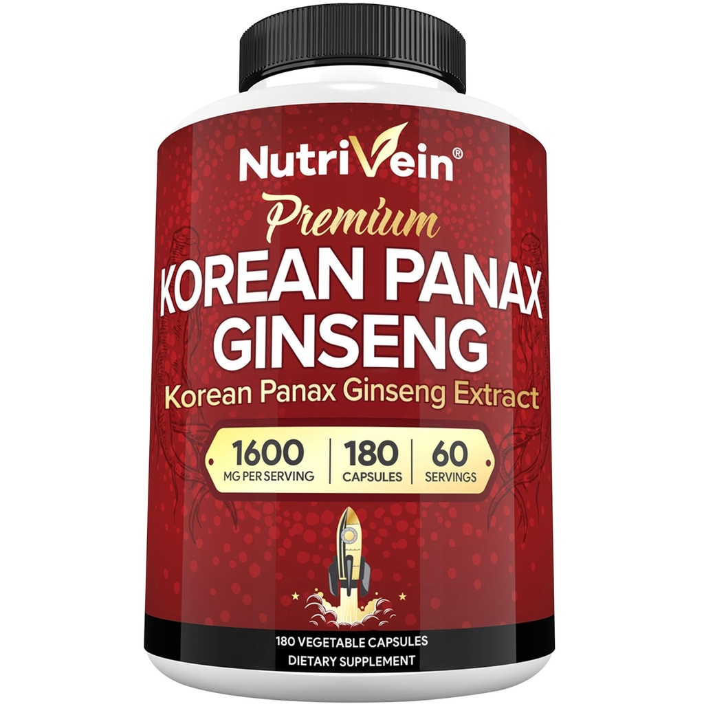 Nutrivein Korean Red Panax Ginseng 1600mg – Extra Strength Formula – 180 Capsules – Boost Energy, Mental Focus & Immune Health Naturally