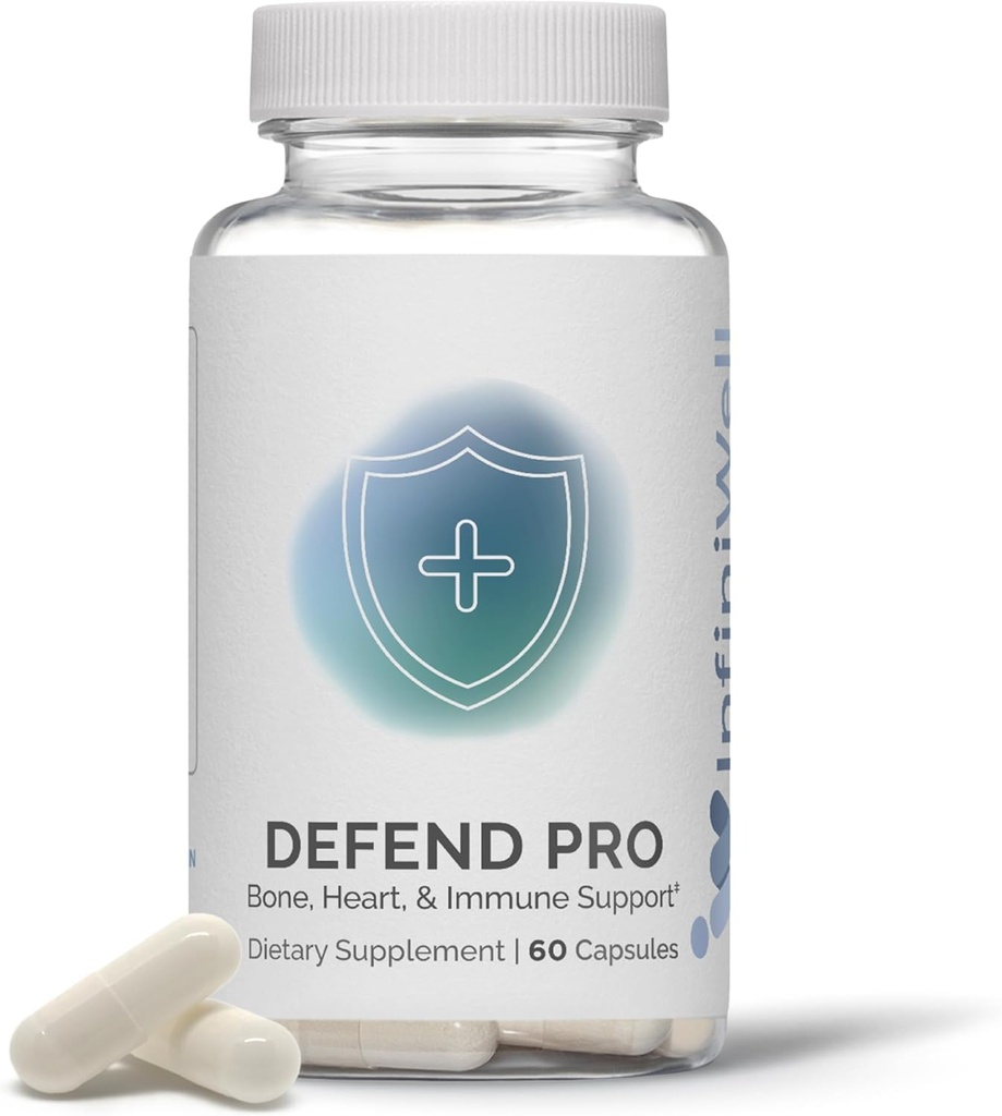 InfiniWell Defend Pro Bone & Immune Supplement - Suplement Witaminy A, D3 i K2 - Biodostępne, Aktywne składniki odżywcze - 250mcg VIT D - Pomoc kości, Zdrowie serca i więcej (60 kapsułek)