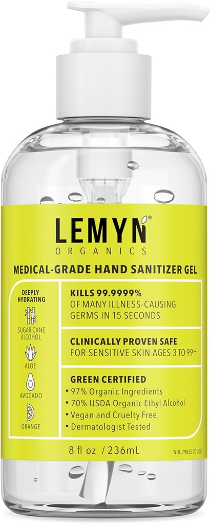 Medium-Grade Sterylizator ręczny żel - 97% organiczny 124; 70% USP alkohol etylowy 124; Moisturizing Aloe + kwas hialuronowy 124; Świeżo wykonane w USA 124; 8oz butelka z pompą