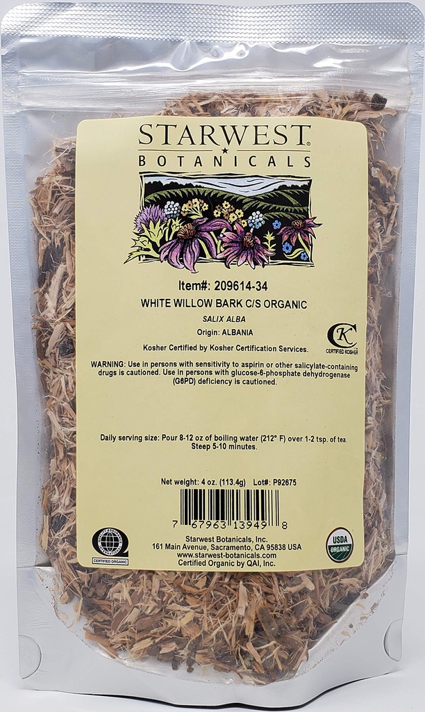 Starwest Botanicals Organic White Willow Bark Cut & Sifted, 4 unces