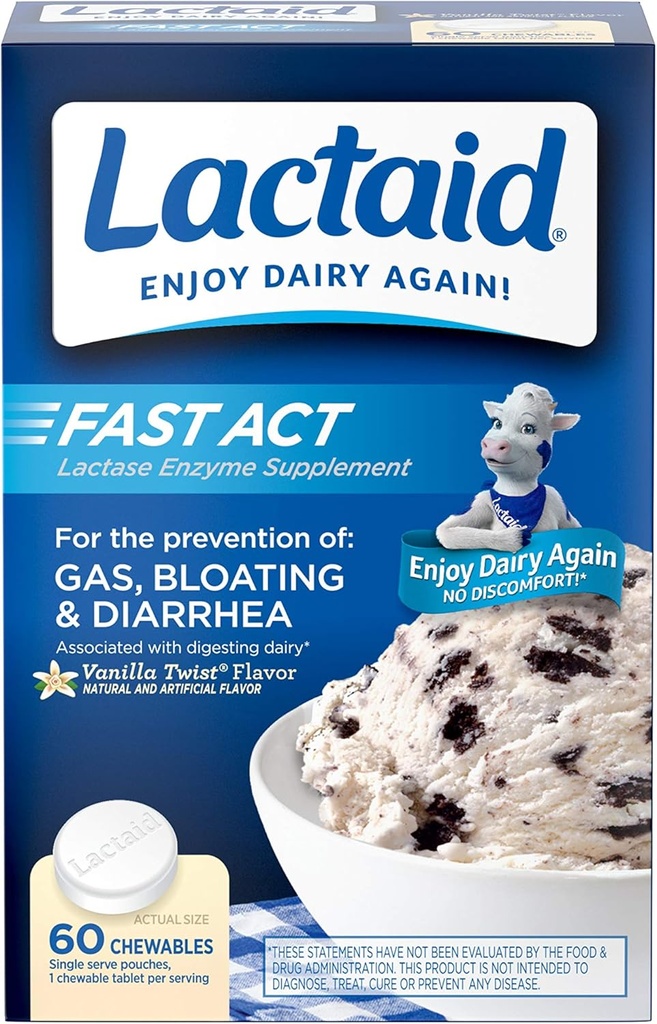 Lactaid Fast Act Laktoza Nietolerancja Chewables with Lactase Enzymes, Vanilla, 60 Count