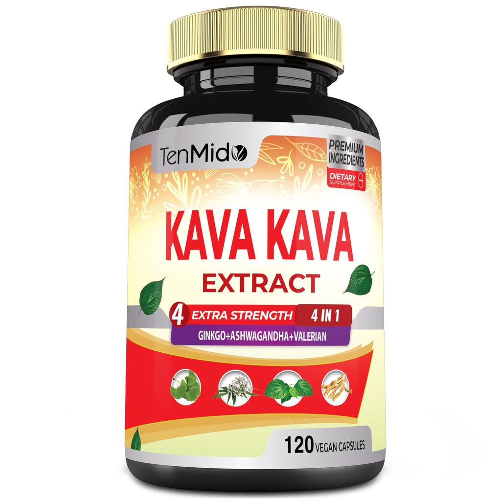 Kava Kava Supplement Extract kapsułki, 4 miesiące dostaw z Ginkgo, Ashwagandha, Valerian- Relaxation Supports Supplement- 120 Kapsułki Vegan