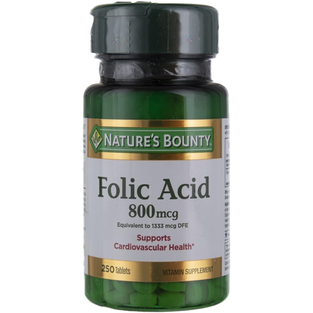 Nature 's Bounty Folic Acid Supplement, Wspiera zdrowie układu sercowo- naczyniowego, 800mcg, Multi, No Flavour, 750 Count, Pack of 3