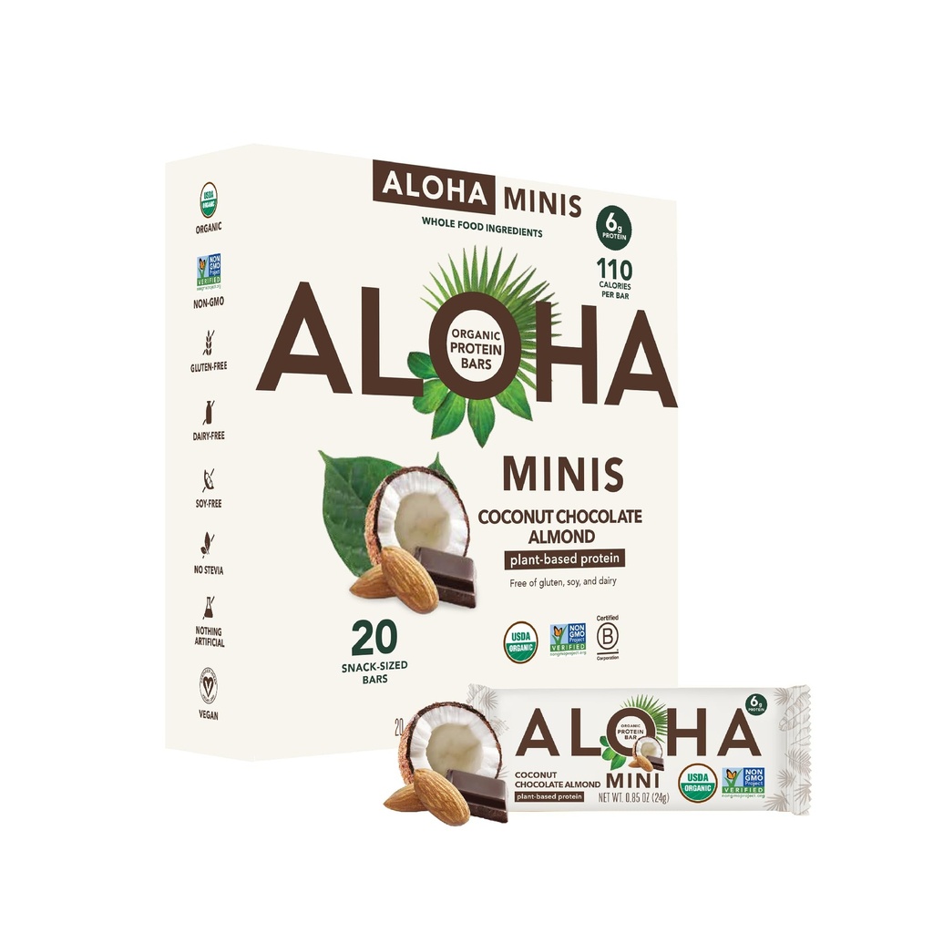 ALOHA Organic Plant Based Protein Bar MINIS 124; Kokosowe czekoladowe migdały 124; 20 Hrabia, 24g Bary Yellow 124; Wegan, Low Sugar, Gluten Free, Paleo, Low Carb, Non-GMO, Stevia Free, Soy Free, No Sugar Alcohols
