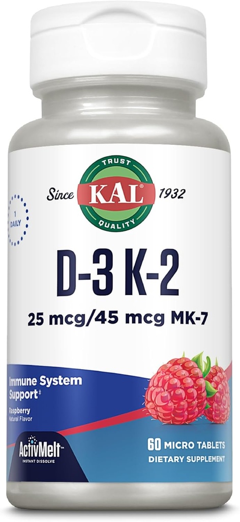 KAL Witamina D3 K2 ActivMelt, Bone Health, Heart and Immunous Supplement w / D3 1000 j.m. i MK7 Witamina K2, natychmiastowe rozpuszczanie Tabs, Naturalny aromat malinowy, 60 Służb, 60 Micro Tablets