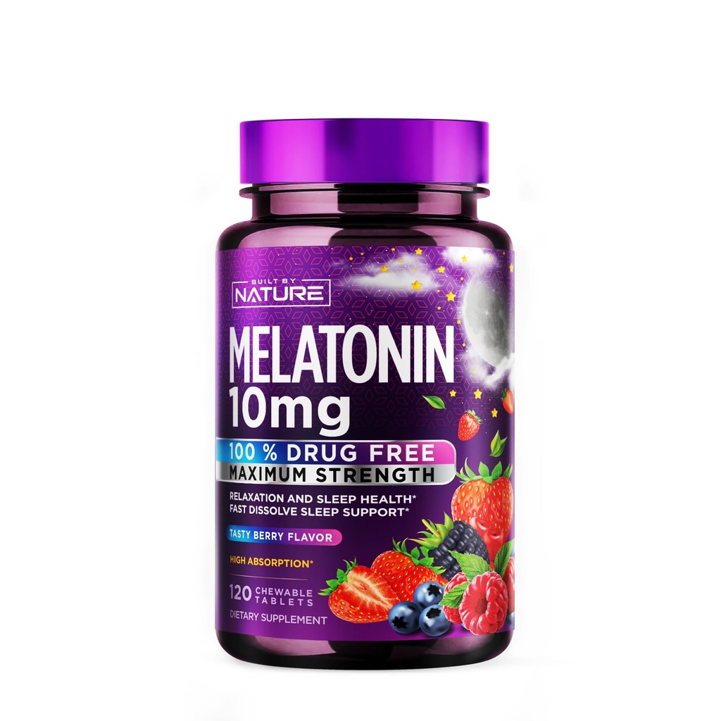 Wybudowany przez Nature Melatonin 10mg Chewables - Max Siła Melatonina - Szybkie rozpuszczanie żucia dla dorosłych - Suplement do pomocy w usypianiu bez narkotyków - Vegan, Non-GMO, Gluten- Free - Berry Flavor - 120 Tabletki do żucia