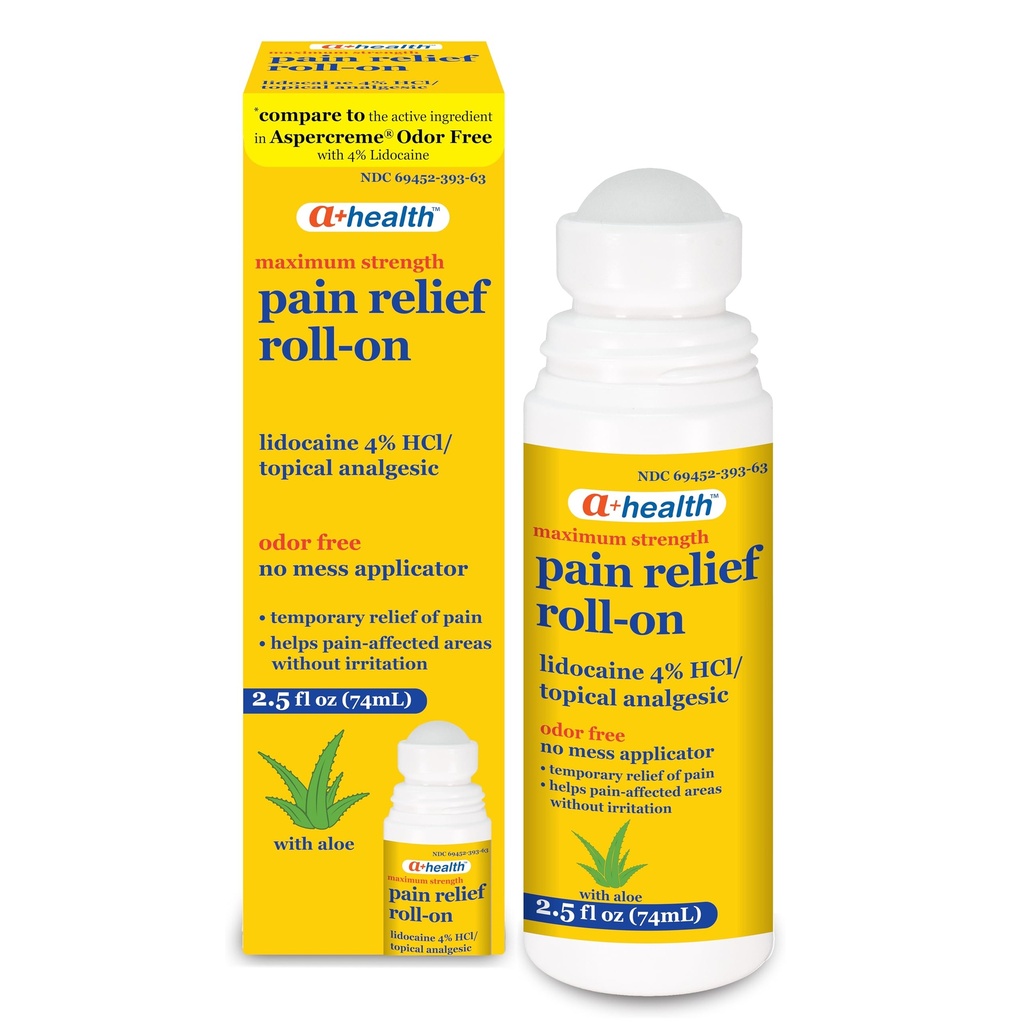 A + Health Relief Pain Roll- On Lidocaine 4%, Wolny od zapachu, Maksymalny ból siły + Ulga Itch z Aloe, Made in USA, 2,5 fl Ounces