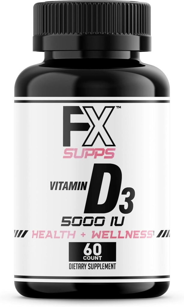 FXSUPPS Witamina D3 5000 j.m. (1 Opakowanie, 60 Łatwe do połknięcia Softgels) 124; Zdrowie i Wellness Suplement diety dla mężczyzn i kobiet 124; Cholekalcyferol, Najlepsze dla kości, Heart Health, System immunologiczny, Lung Function