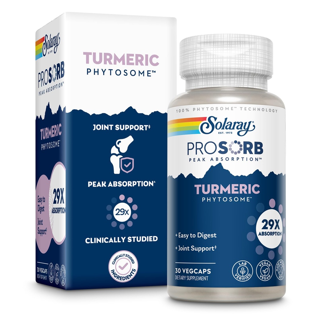 SOLARAY ProSorb Turmeric Supplement Phytosome 500 mg - 29X High Absorption Turmeric Curcumin Supplement for Joint Health Support - Easy-to-Digest Curcumin, Vegan, 60-Day Guarantee, 30 Serv, 30 VegCaps