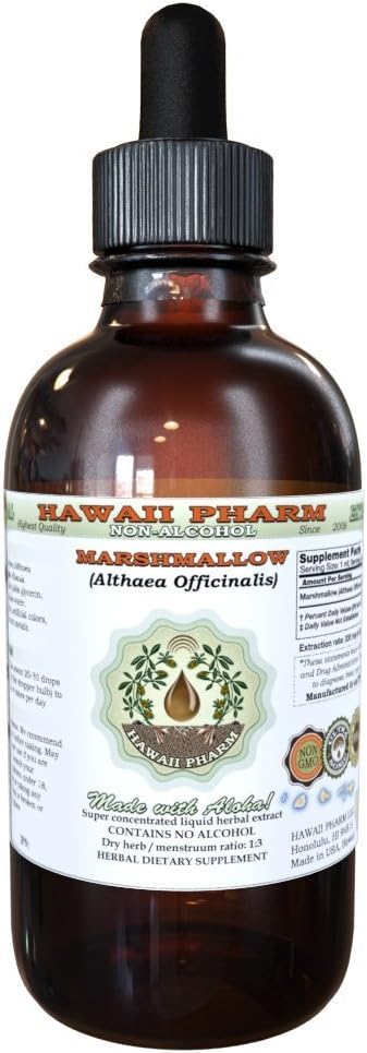 Hawaii Pharm Marshmallow Alcohol Free Liquid Extract, Organic Marshmallow (Althaea officinalis) Dried Leaf Glycerite Natural Herbal Supplement, USA 2 oz