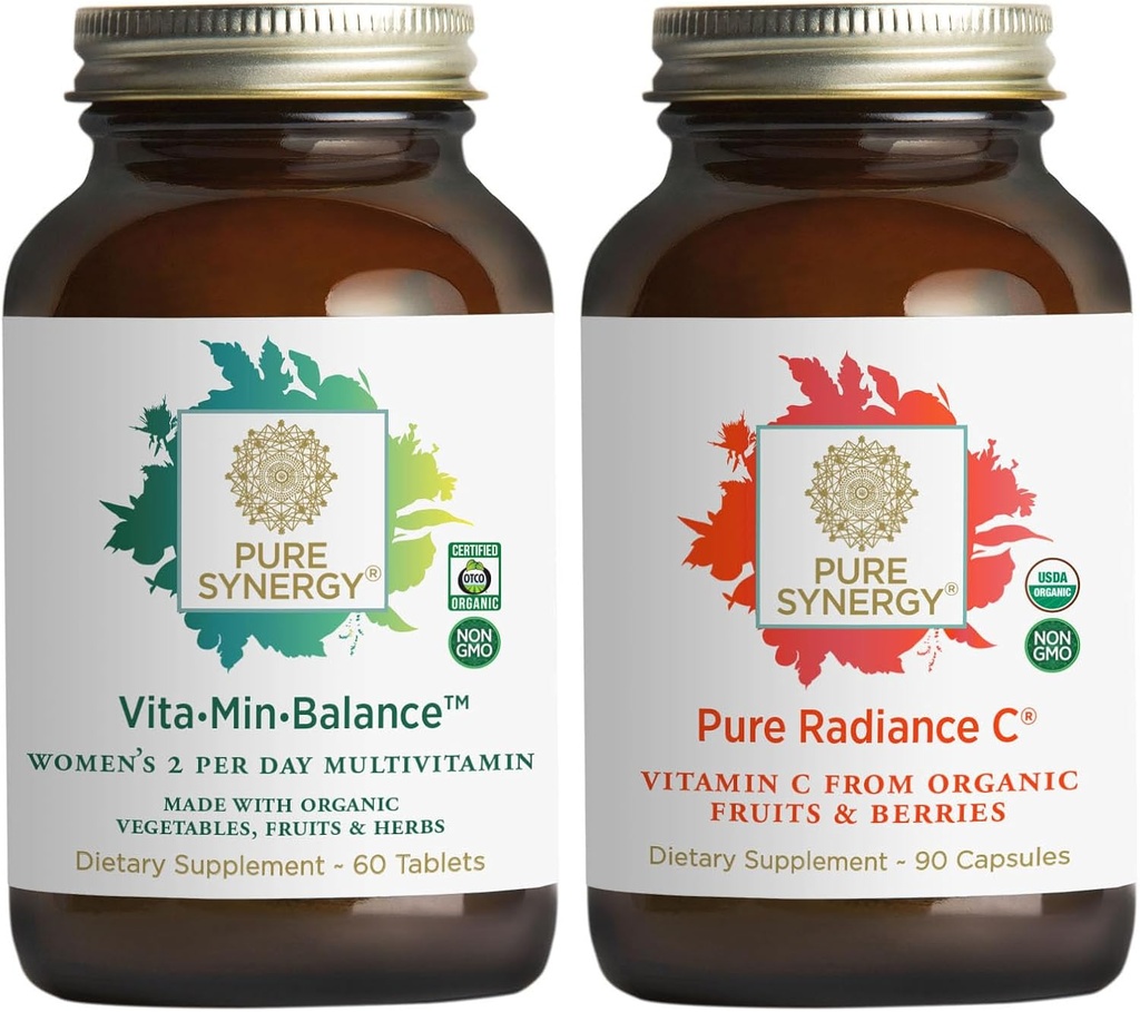PURE SYNERGY Women 's Multivitamine, Stress, and Energy Essentials Bundle Behind 124; Whole Food Multi with Adaptogens Ehin124; Natural Witamina C Immune and Skin Supplement Ehind 124; Vegan, Non-GMO, and Organic Ingredients