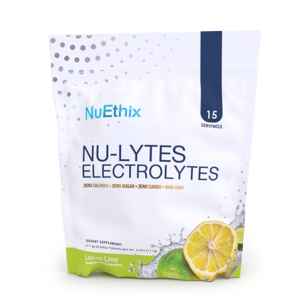 NuEthix Buildations NU- LYTES Electrolytes Hydration Packets, Zero Calories, Zero Sugar, Zero Carbs, Non-GMO, Electrolytes Powder Pakiety, Glycogen uzupełnienie, 15 Słupki (Lemon Lime)