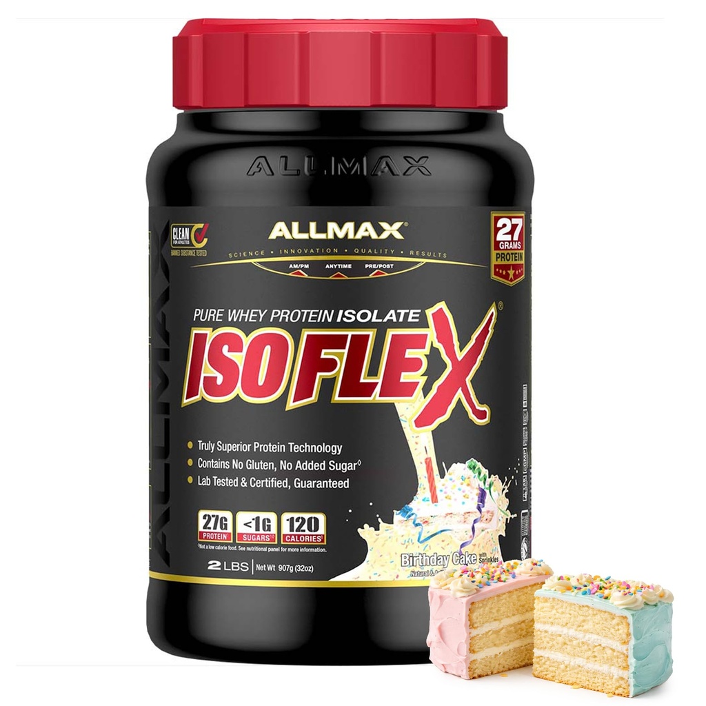 ALLMAX Nutrition - ISOFLEX Proszek z białka serwatki, Izolat białka serwatki, Białko 27g, Tort urodzinowy, 2 funt