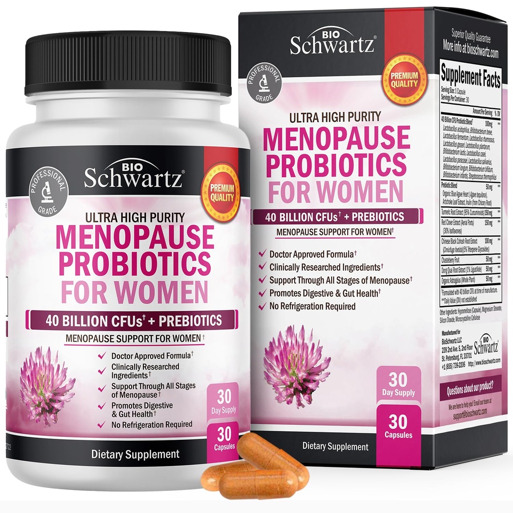 Menopauza Suplementy dla Kobiet - 40 Miliard CFU Probiotyki Menopauzy dla Kobiet - Wsparcie dla Gorących Przebłysków Nocnych Potów Nastrojów i Równowagi - Non-GMO, 30 Kapsułki Easy- Połykanie, 30 Sług