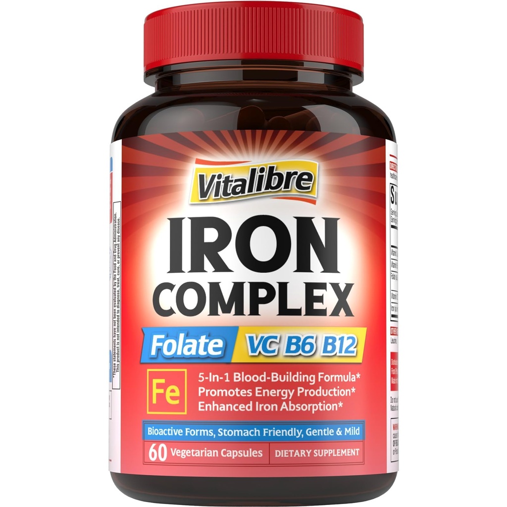 Żelazo Suplement dla Kobiet i Mężczyzn, z witamin C, B6, B12 & Folate dla niedoboru żelaza, Blood Building & Energy Support, Stomach Friendly, Lepsza absorpcja, Non-GMO, No gluten, 60 Vegan Caps