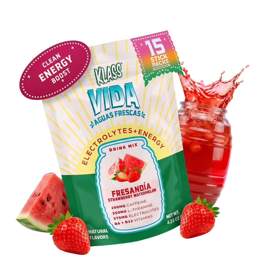 Hydration + Energy Electrolyte Drink Mix - Truskawkowy Arbuz Agua Fresca Flavor 124; Proszek bez cukru z kofeiną, L- Theanine, Woda kokosowa & Minerały 124; 15 Opakowania do nalewania jednorazowo