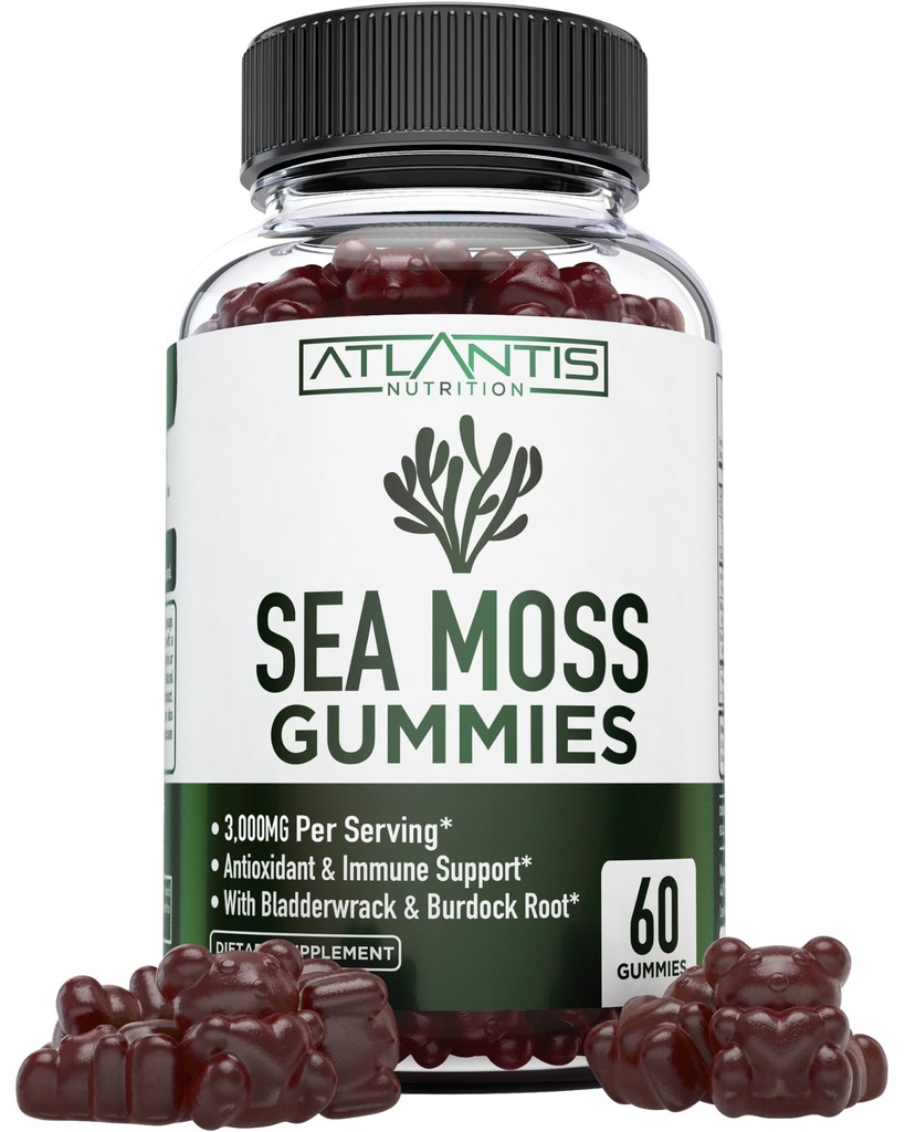 Irish Sea Moss Gummies - 3000MG - przygotowano w / Irish Sea Moss, Bladderwrack & Burdock Root, Zawiera witaminę i minerał - Antyoksydant- bogaty suplement Superfood, 60 Sea Moss Gummies dla dorosłych