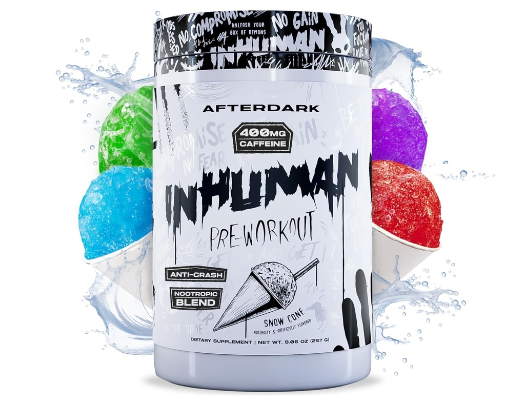 AFTERDARK INHUMAN Pre-Workout Powder, Enhanced Mind-Muscle Connection, Sustained Energy, Potent Nootropic Blend, Vegan, Gluten-Free, Soy-Free, 400mg Caffeine, No Crash, SnowCone
