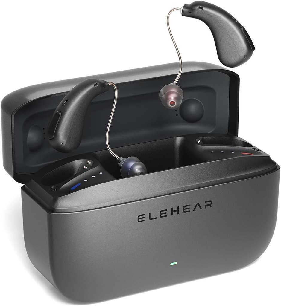 Alpha Hearing Aid, AI Noise Cancellation OTC Aid Hearing Aid for Seniors & Dorośli, Super Clear Sound, Long- Lasting Battery Operated Recharvable Hearing Aid, 4 Modes, Metallic Dark Grey
