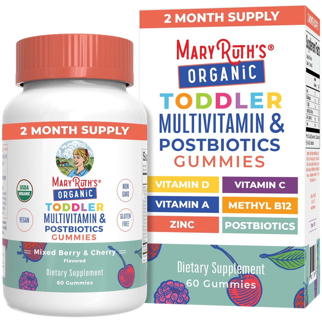 MaryRuth Organics Toddler Multivitamin Gummies + Postbiotyka 124; USDA Organic Equipment 124; Witaminy dla dzieci w wieku 2 + 124; Wsparcie immunologiczne 124; Witamina C 124; Witamina D3 Equipment 124; Witamina A 124; Cynk Equipment 124; Wegan Evidence 124; Non-GMO Evidence 124; 60 Służenie