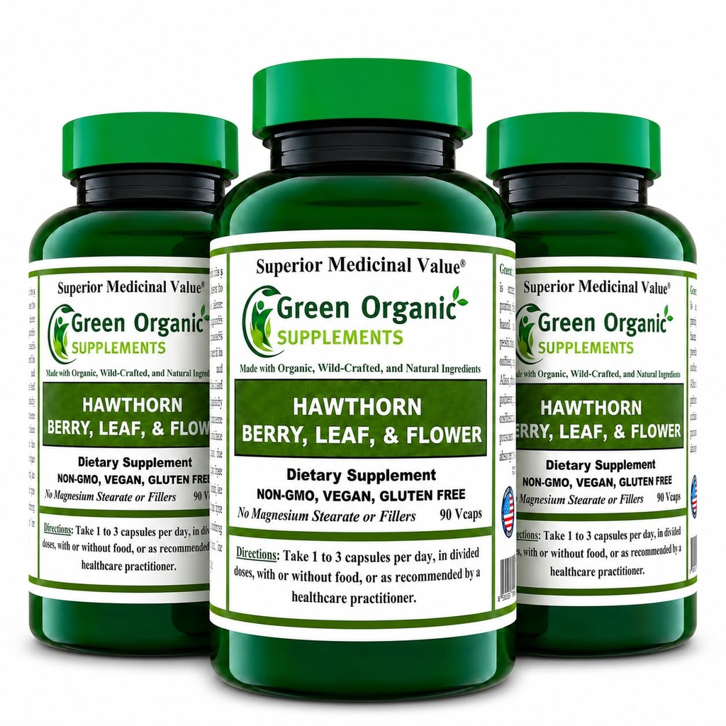 Zielone suplementy organiczne Jagody Hawthorn Kapsułki, Liść, Kwiat, Suplementy Hawthorn zawiera 90 Kapsułki, Naturalne Zioła Hawthorn dla układu sercowo-naczyniowego zdrowia i naturalnej opieki serca (Opakowanie 3)