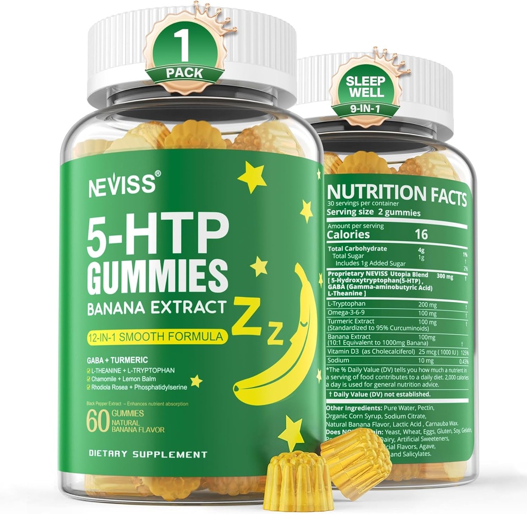 NEVISS 1Pack 5- HTP Gummies + GABA - Melatonin Free - Relaxation Gummies with Banana Extract, L- Theanine, L- Tryptofan, Witamina D3 for Healthy Rest Cycle & Circadian Rhythm, Funkcje mózgu i Relax mięśni