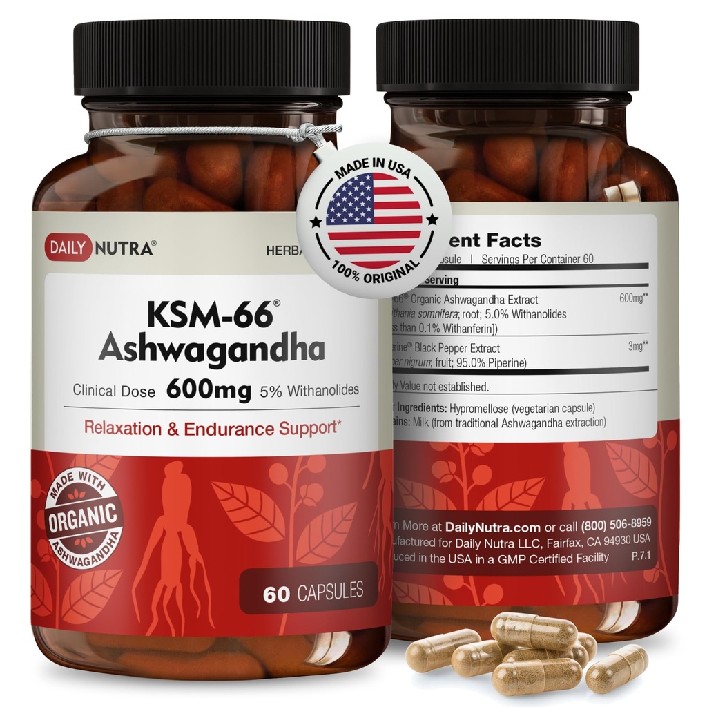 DailyNutra KSM- 66 Ashwagandha 600mg Organic Root Extract - Wysoka moc suplement z 5% Withanolides 124; łagodzi zmęczenie, wspomaga relaks, Focus, Energia, & Wzrost mięśni (60 kapsułki)