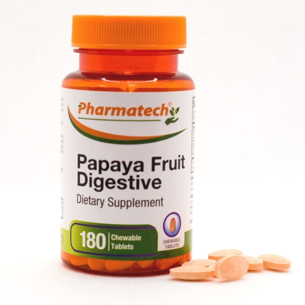 Papaya owoce, Poprawione trawienie, Smaczny aromat, Suplement enzymatyczny, do wzdęcia i zaparcia, Relief gazowy, 180 Tabletki do żucia
