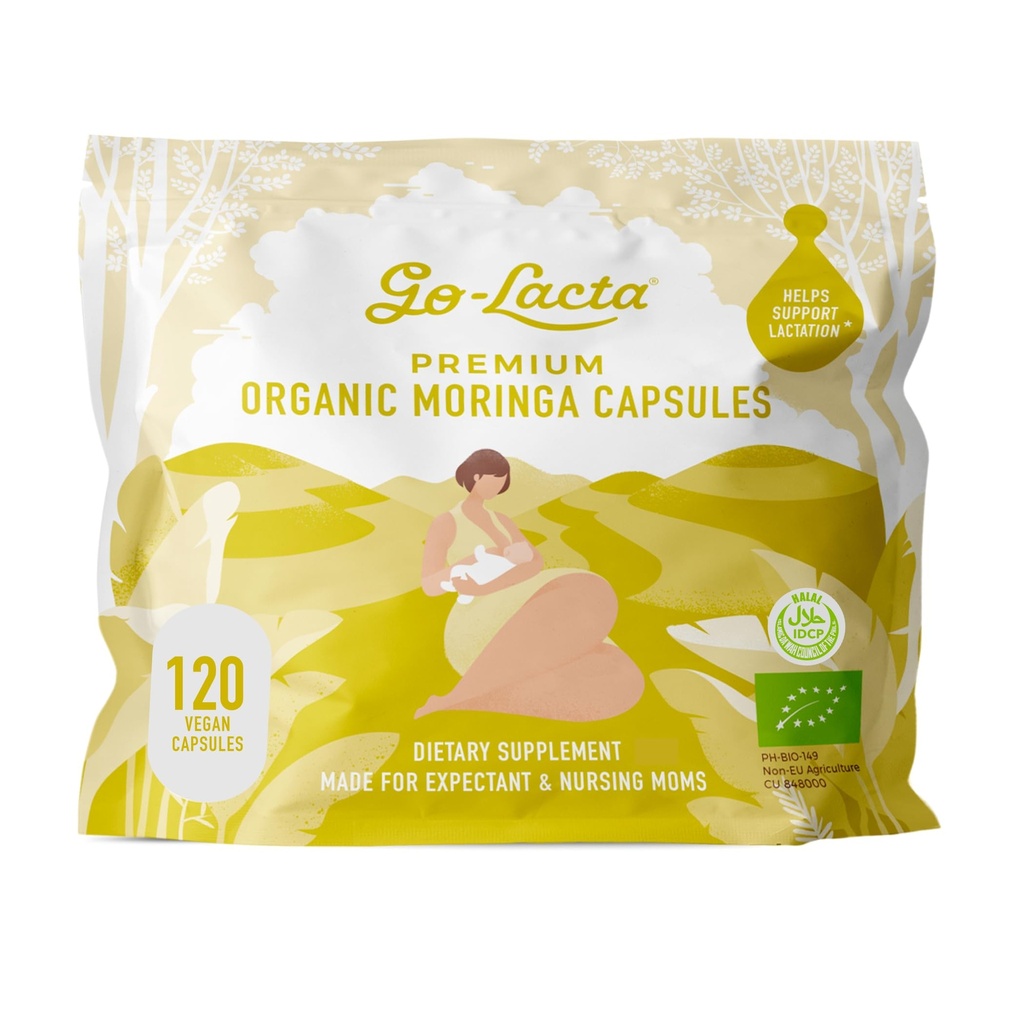 Go- Lacta ® 100% Kapsułki organiczne Moringa do karmienia piersią Moms, 120 Kapsułki