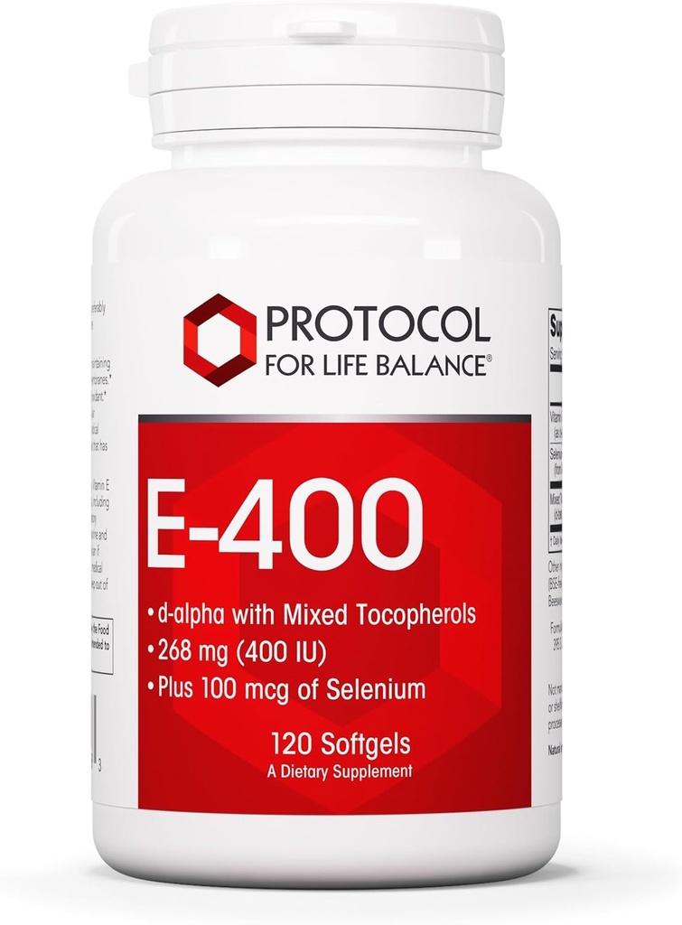 Protokół E- 400 268 (400 j.m.) - Witamina E Softgels - Suplement przeciwutleniaczy z Selenium - d- Alpha z mieszanymi tokoferolami - Wolne od mleka i Halal - 120 Softgels