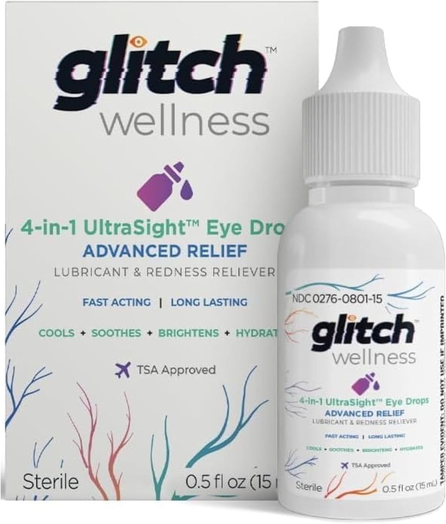 Glitch UltraSight Eye Drops for dry Eyes 15 ml - 4 in 1 Advanced Relief Dry Eye Drops - All Day Comfort with Hydration, Brightening, Cooling - Effectively Coets Irritation & Dryness - 0.5 Fl Oz