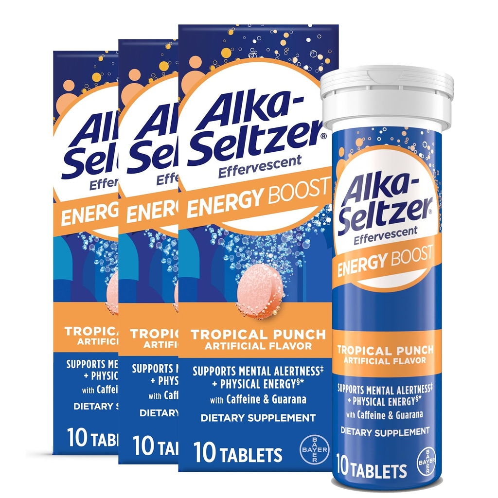 Alka-Seltzer Energy Boost: Kofeina & Guarana, Witaminy B, Wspiera mentalną alertywność i energię fizyczną, Daily Energy Supplement, Fizzy Tablets, Sugar- Free, Lekki Tropical Punch Flavor, 30ct