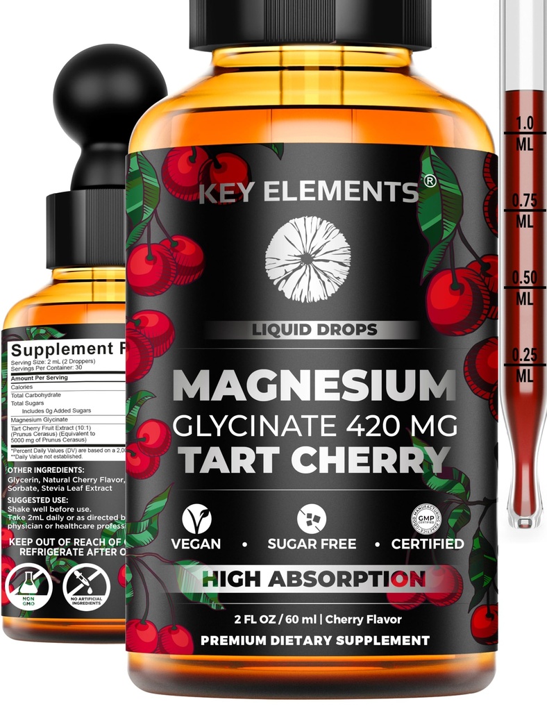 Liquid Magnesium Glycinate 420 Mg with Natural Tart Cherry Extract | Magnesium Glycinate Drops Supplement for Sleep, Mood & Mobility Support | Tart Cherry Extract