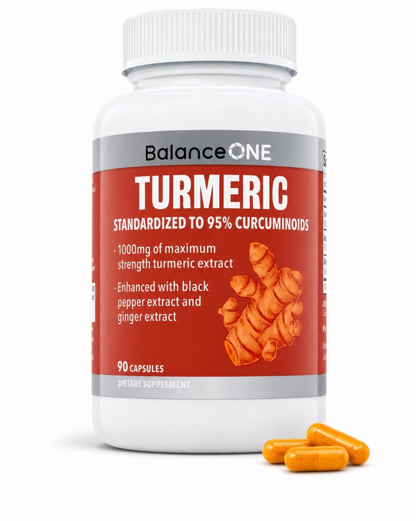 Balance One Turmeric Extract 1000mg with Max Strength 95% Curcuminoids - Kurkumina Kurkumina suplement dla Joint Comfort & Antioksydant Support - Ginger Extract and BioPerine - 1 Miesiąc Dostawy