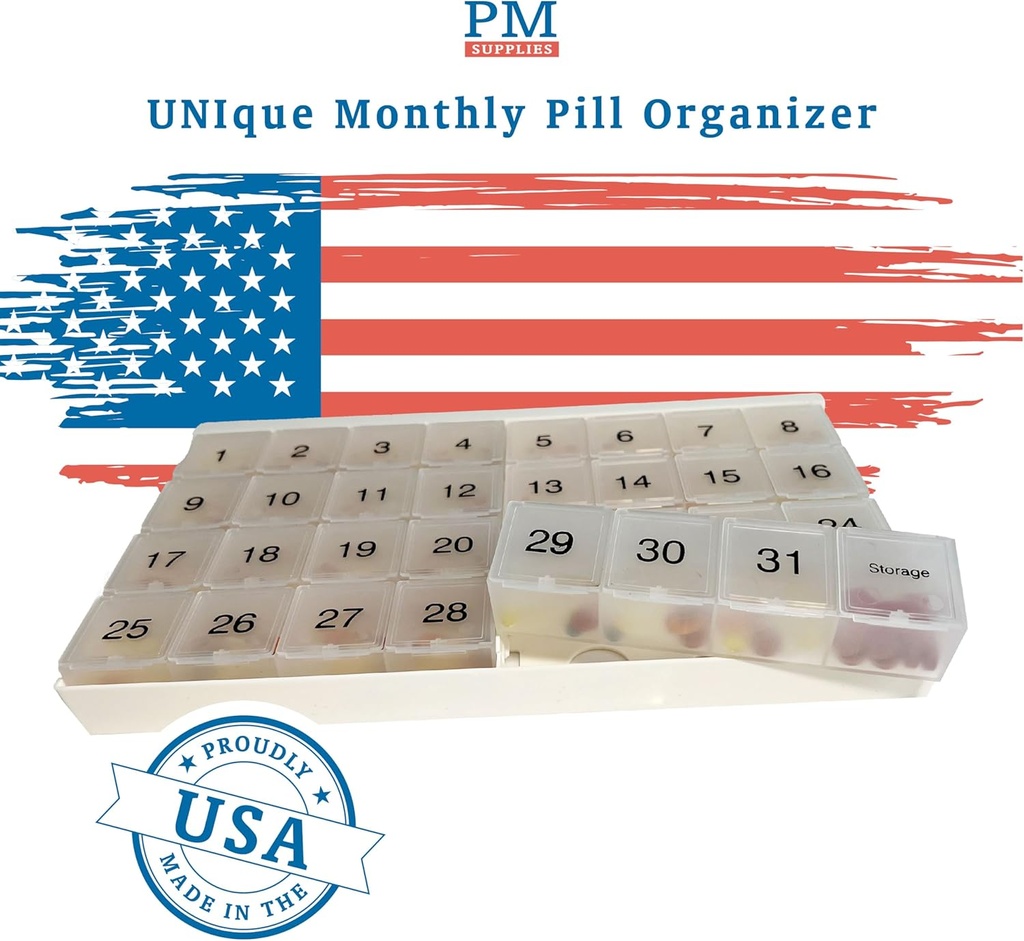Unikalny XL Monthly Pill Organizator z 31 przegródkami, 1 na dzień, 4 Tygodnia Full Month 31 Pill Organizator, Zawiera Tray i 8 Dodatkowe duże przegródki usuwalne