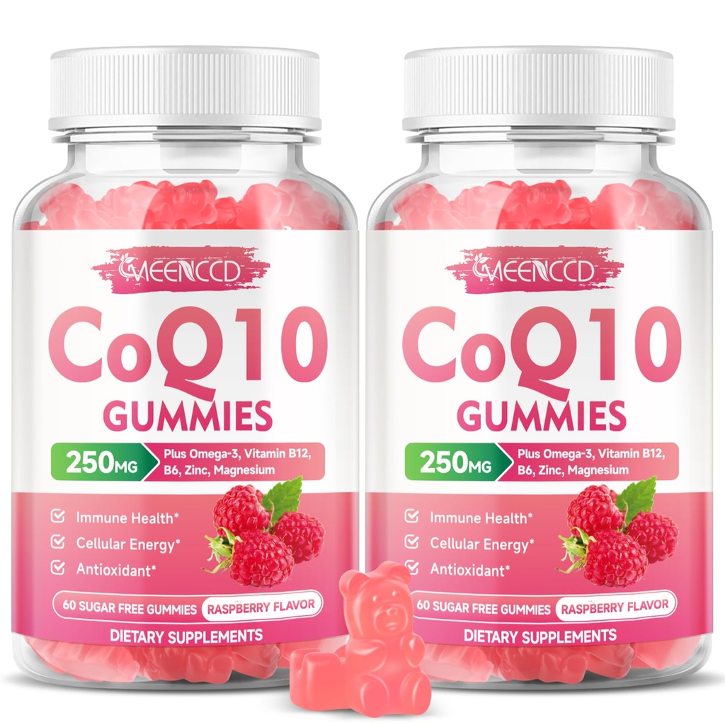 Bezcukrowe Gumiaki CoQ10 250mg, Suplementy Koenzym Q10 Plus Omega-3, Witamina B6 i cynk, Wysoka Absorpcja CoQ10 Suplement do Wspomagania Energetyki Komórkowej i Przeciwutleniacza, Smak Malina, Wegan 120Cts