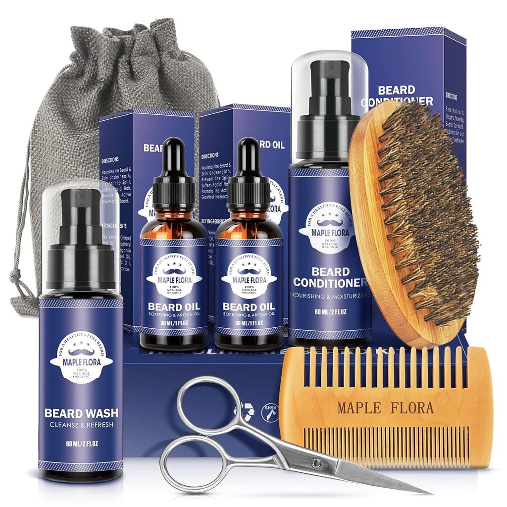 Zestaw do pielęgnacji brodę Zestaw W / Beard Conditioner, 2 opakowania Beard Oil, Broda Wash, Szczotka, Grzebień, Nożyczki, Torba, E- Book, Prezenty na urodziny Prezenty dla mężczyzn On Tata Chłopak Mąż
