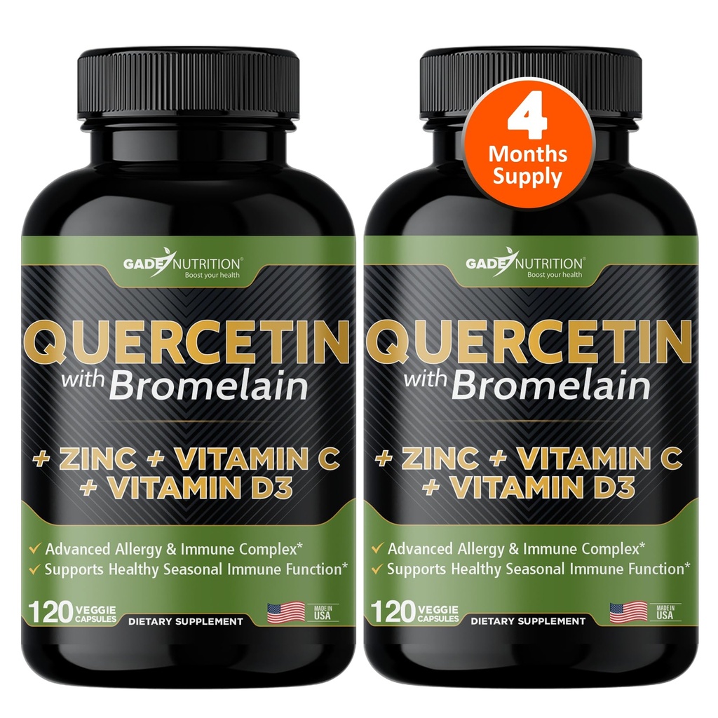 Gade Nutrition Quercetin z witaminą C i cynkiem - Quercetin 500mg - Quercetin z bromelainem - Cynk Quercetin - Quercetin Supplements + Witamina D3 (Non-GMO, Gluten- Free, Vegan) - 4 Miesiąc Dostawy