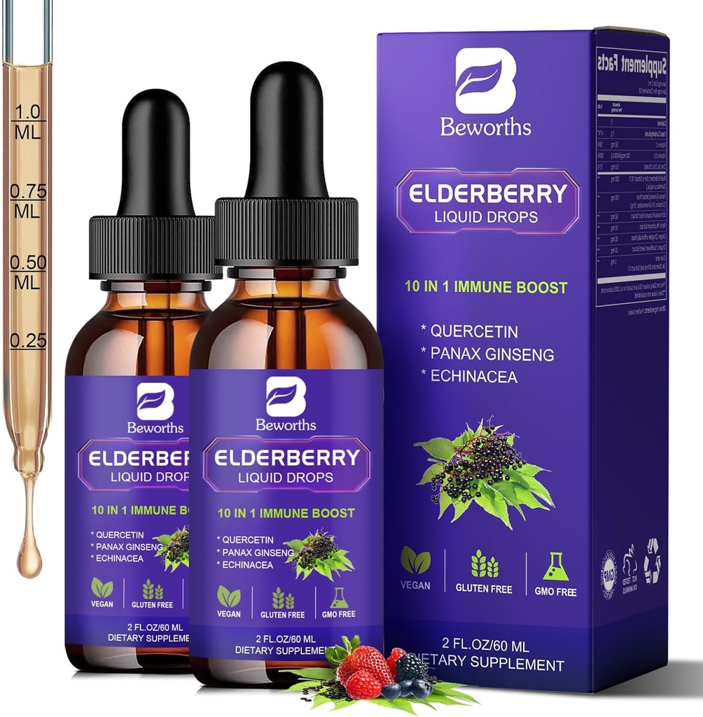 2 Pack Syrop z jagody czarnej, Krople z jagody czarnej z Quercetin, Panax Ginseng, Witamina C i cynku, Sambucus Elderberry Syrop Płyn do wsparcia immunologicznego, Wegan, Non-GMO i Gluten Free
