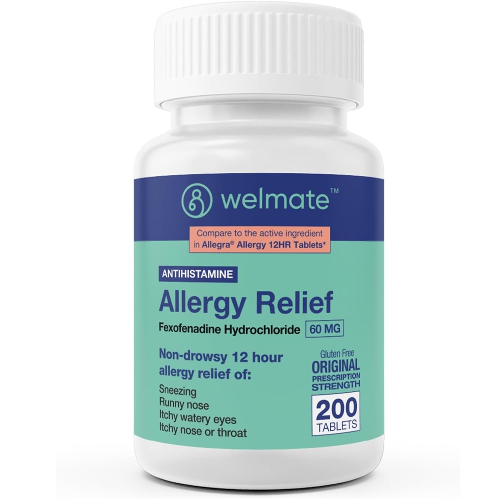 WELMATE - Ulga alergiczna - Fexofenadyna HCl 60 mg - 12 godzin Non-Drowsy Antihistamine - Kichanie - Swędzający Nos - Swędzacze Oczy, Nos & Gardło - Allergy Relief Tablets - 200 Hrabia