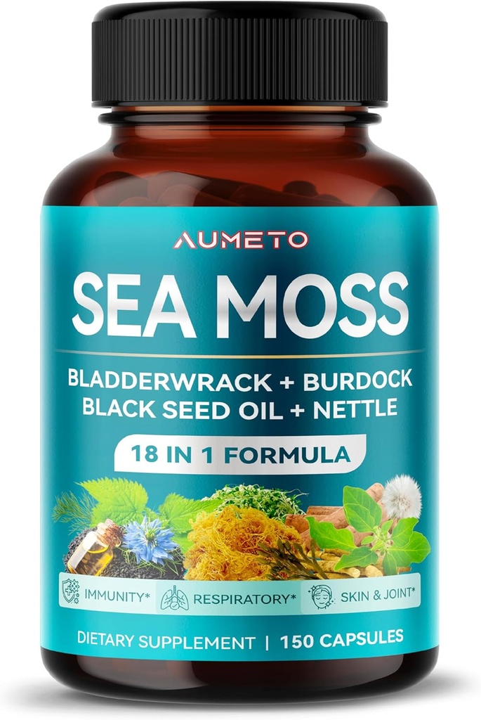 Premium Sea Moss Supplement with Black Seed Oil, Ashwagandha, Bladderwrack, Nettle- Advanced 18-in-1 Formuła dla Wzmacniania odporności, Mineral- Rich - Made in The USA (150 Count (Pack of 1))