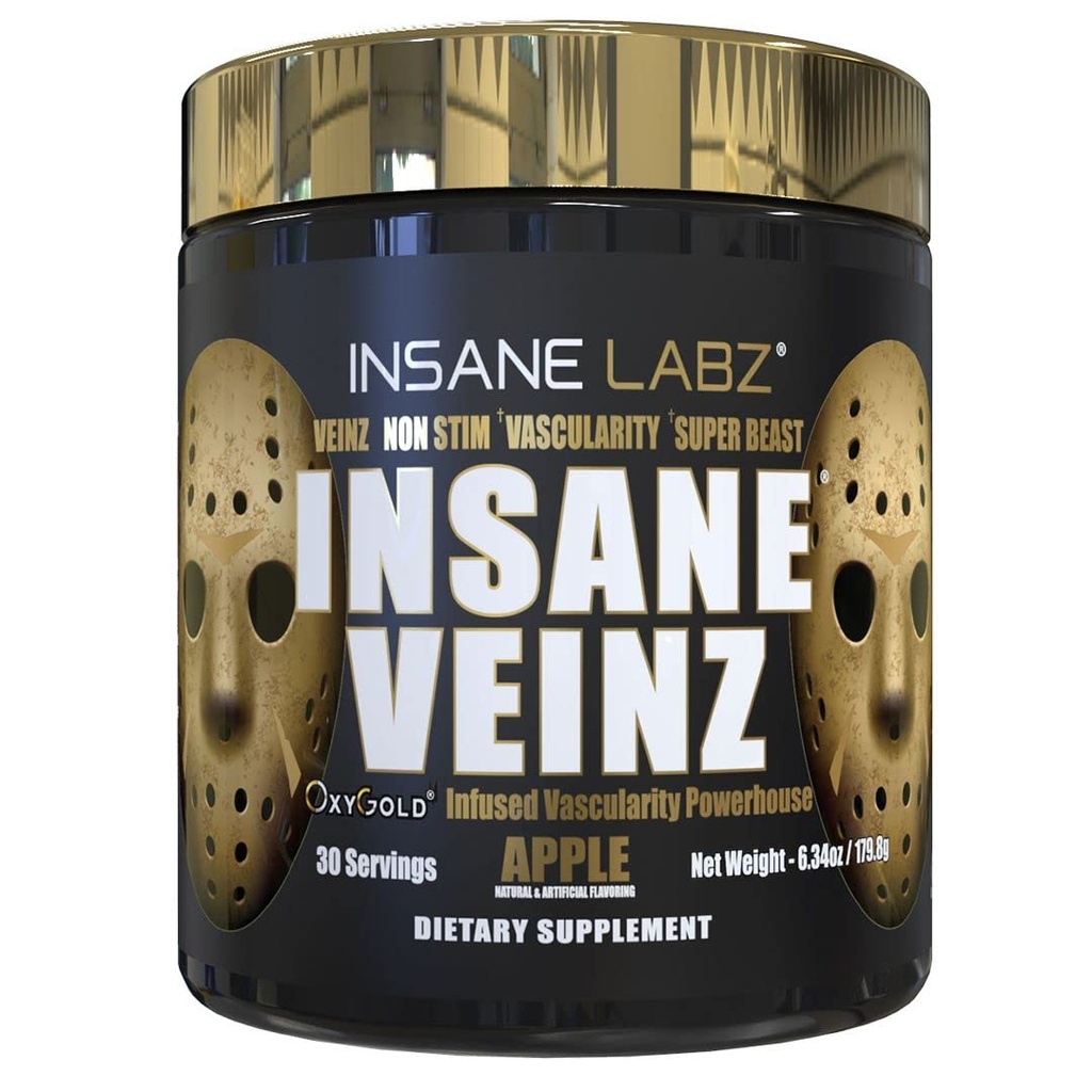 Insane Labz Insane Veinz Gold, Nitric Oxide Non Stimulant pre Workout Powder, Loaded with Hydromax, Nitrosigine, Increases Vascularity and Blood Flow, 30 Srvgs, Apple