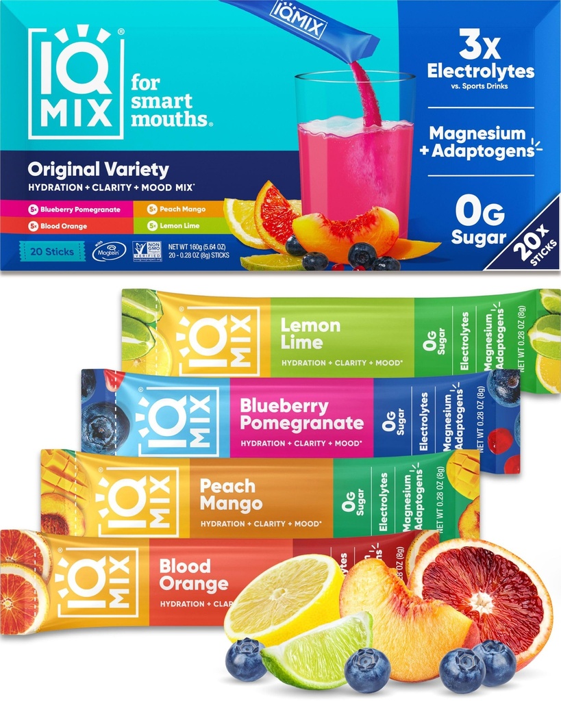 IQMIX Hydration Electrolyte Powder - 4- in-1 Formuła do Hydration, Mental Clarity, Mood and Recovery - Sugar- Free Drink Mix, Keto, Magnezu L- Threonate, Lwie 's Mane - 20 Count Variety Pack