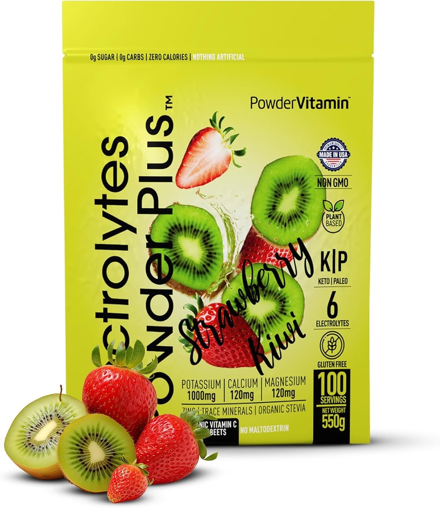 Proszek PowderWitamina Electrolytes Plus (100 Servings) Truskawka Kiwi Electrolyte Proszek Zero Calorie Keto, 0 Cukier, Nie Maltodekstryna, 1000mg potasu, 120mg wapnia, 120mg magnezu, Proszek nawadniający