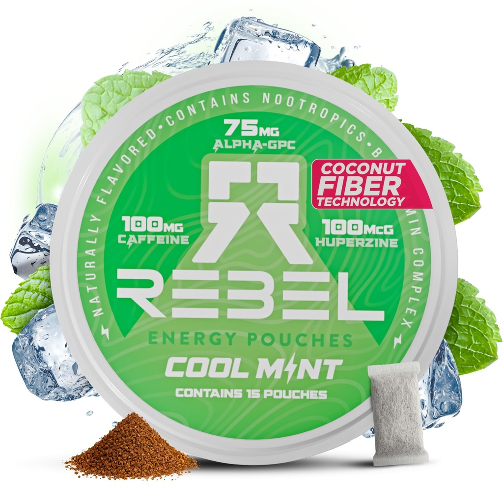 Kofeina kofeinowa • 100mg kofeina • Alpha GPC • Huperzine A & Esential Vitamin • Bez cukru • Technologia włókna kokosowego • Cool Mint Flavor • 15 Pouches per Can (Opakowanie 1)